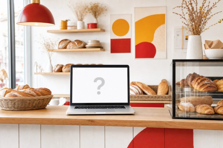 Petit commerce de proximité avec un ordinateur posé sur le comptoir affichant une page web vierge, illustration éditoriale sur fond blanc, accents rouge et jaune, style sobre et lumineux