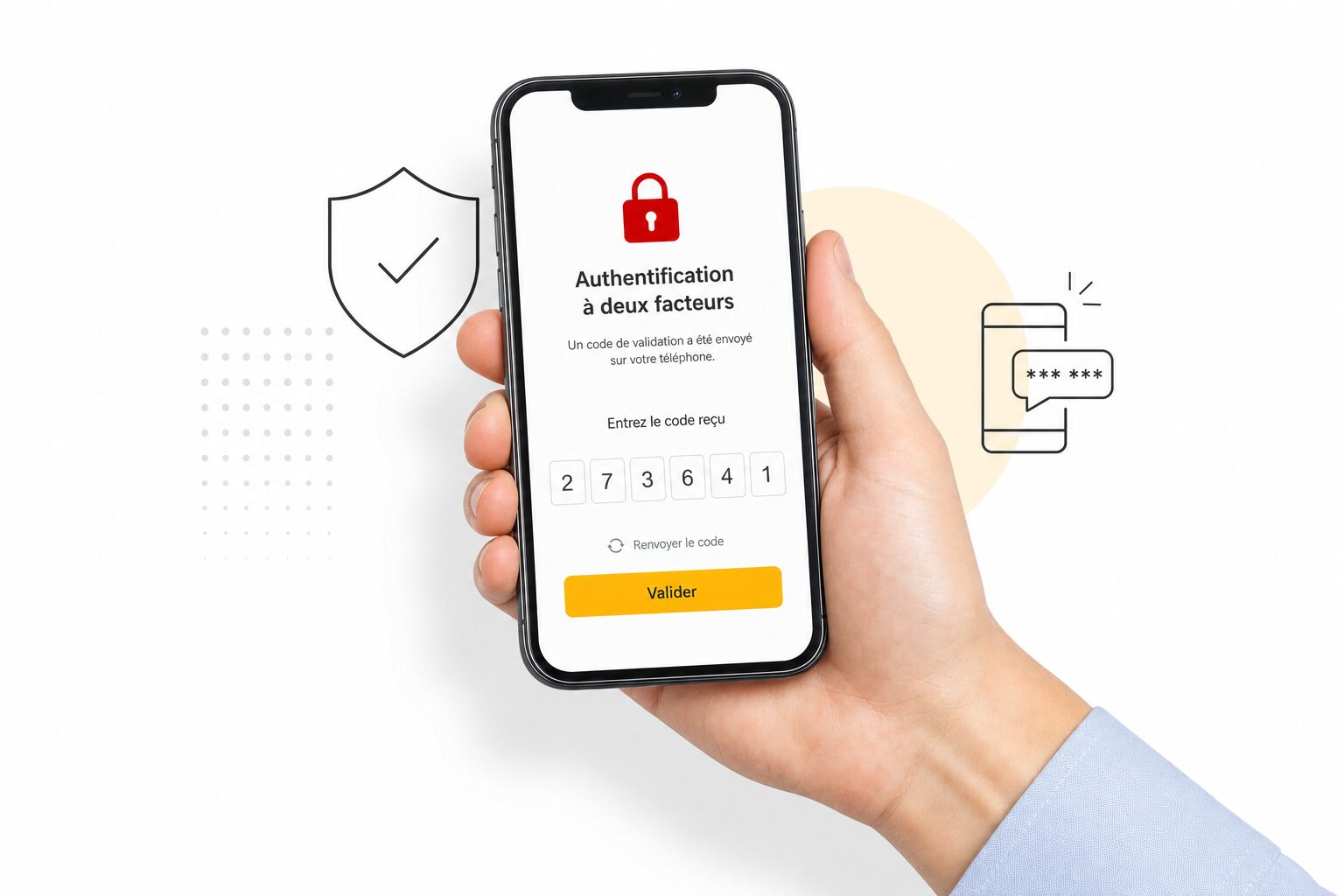 Smartphone affichant une demande de code de double authentification, symbole de la protection des comptes d'entreprise
