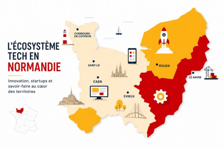 Carte stylisée de la Normandie avec les icônes de l'écosystème tech régional : startups, applications mobiles, ordinateurs et engrenages autour des villes de Caen, Rouen et Le Havre, illustration éditoriale aux accents rouges et jaunes