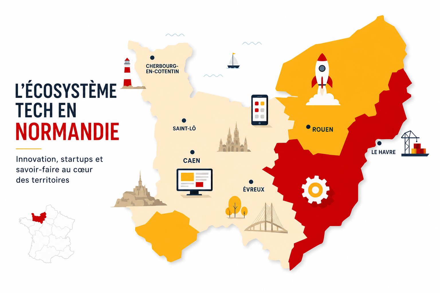 Carte stylisée de la Normandie avec les icônes de l'écosystème tech régional : startups, applications mobiles, ordinateurs et engrenages autour des villes de Caen, Rouen et Le Havre, illustration éditoriale aux accents rouges et jaunes