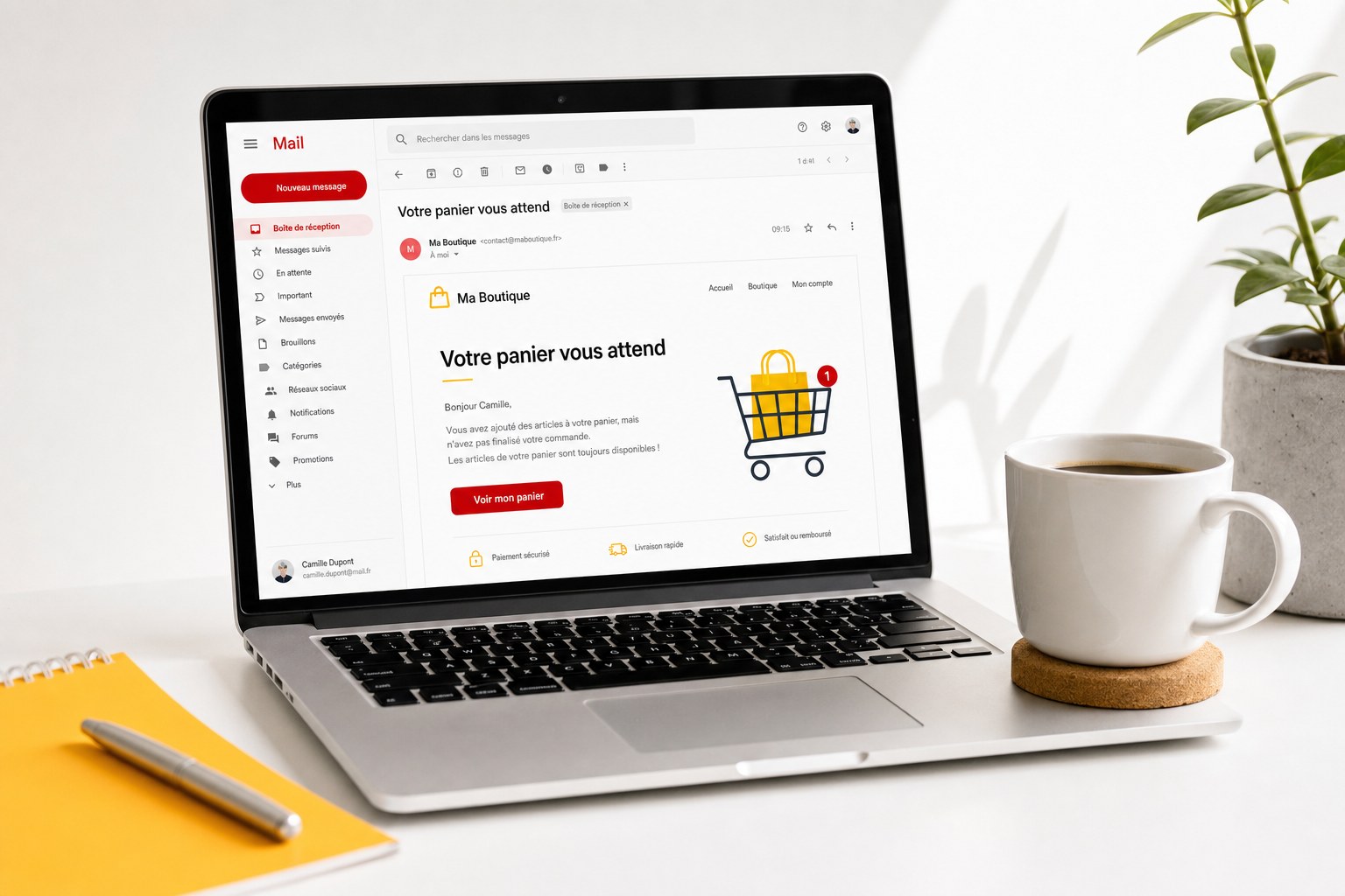 Email de relance de panier abandonné sur ordinateur portable
