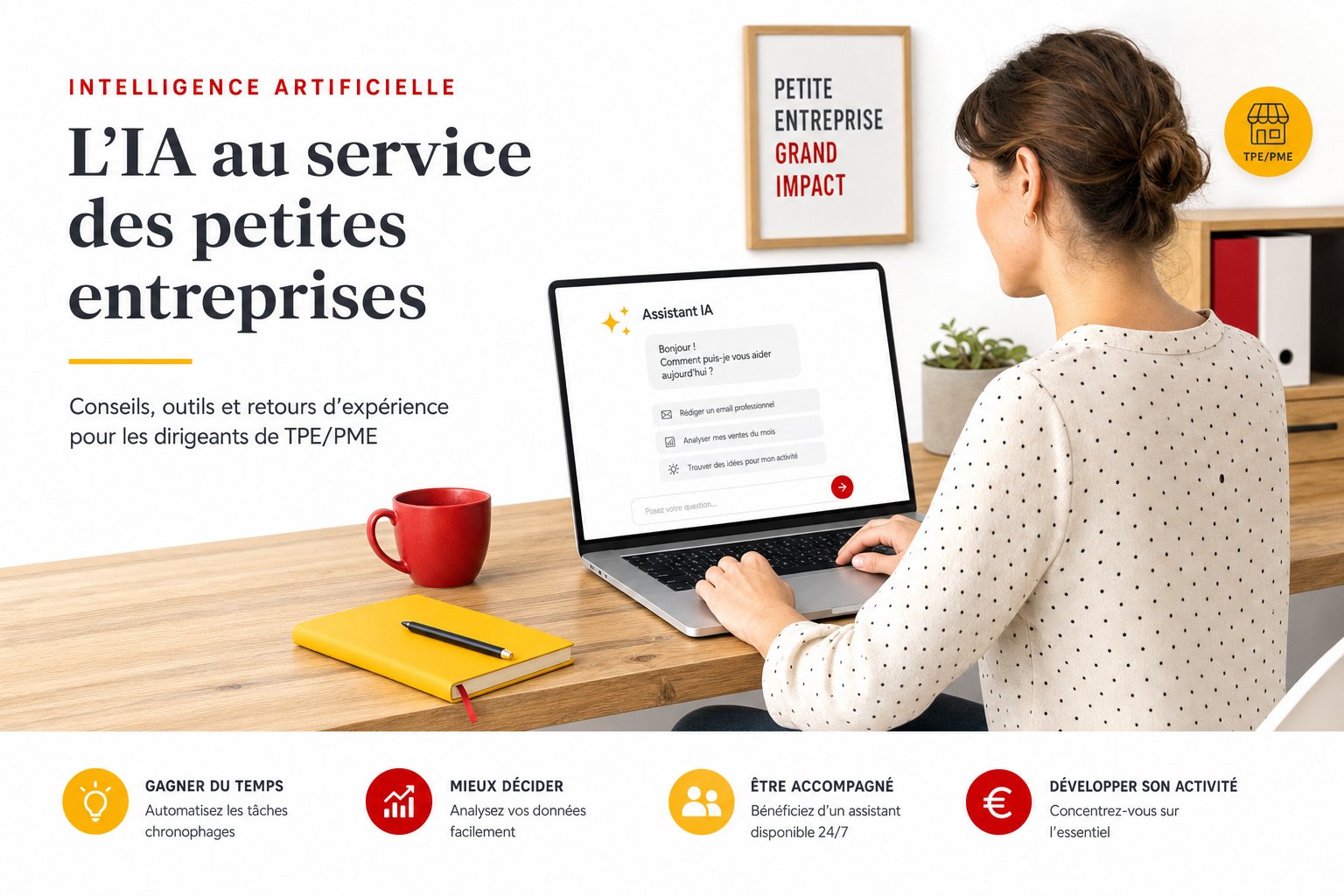 Dirigeante de TPE française utilisant un outil d'intelligence artificielle générative sur son ordinateur portable dans un bureau clair, illustration éditoriale aux accents rouges et jaunes du drapeau normand