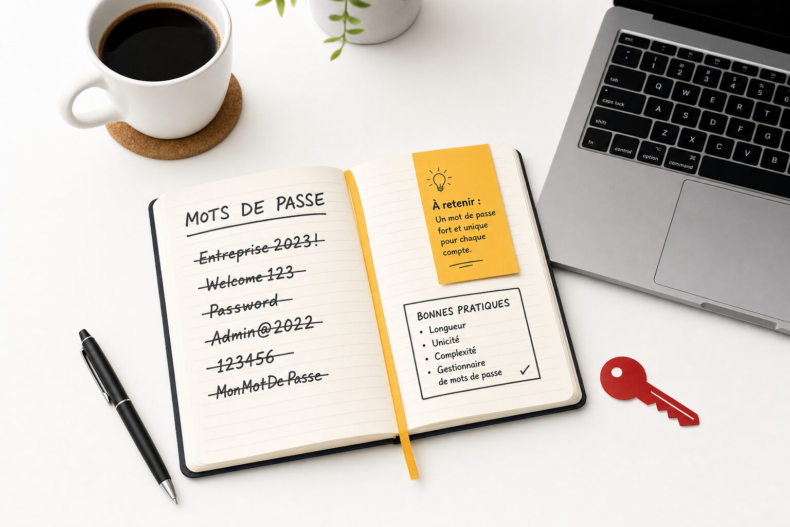 Carnet de notes avec mots de passe barrĂ©s Ă cĂ´tĂ© d’un ordinateur portable, illustration sur la gestion sĂ©curisĂ©e des identifiants