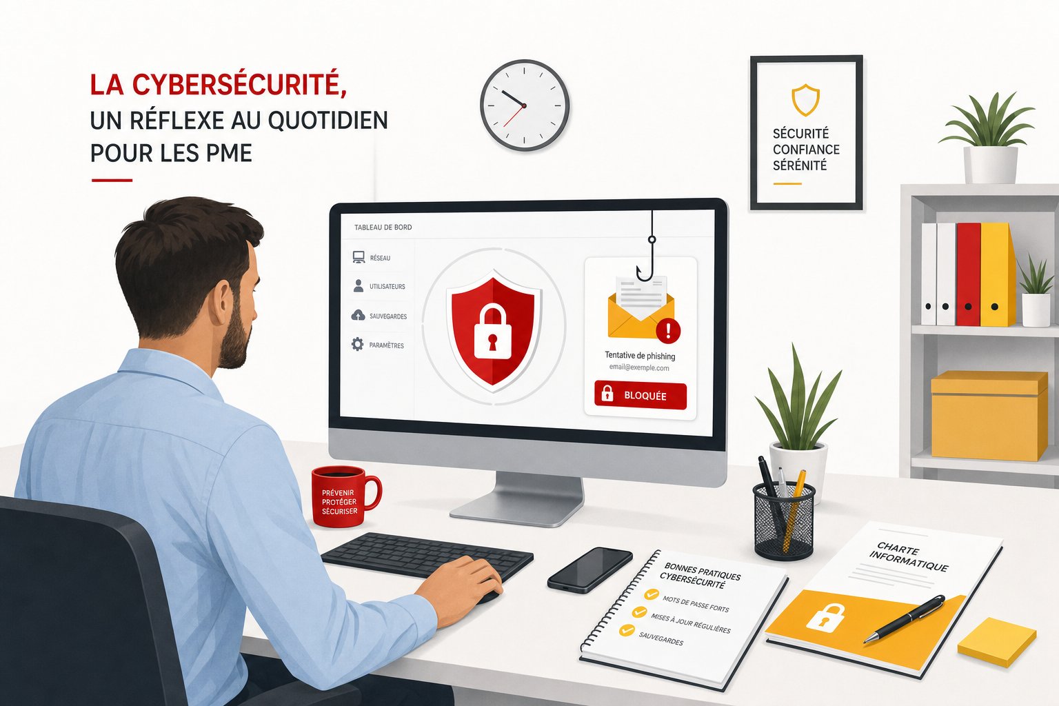 Bureau d'une petite entreprise française avec un ordinateur affichant un bouclier de cybersécurité et un email de hameçonnage bloqué, illustration éditoriale aux accents rouges et jaunes du drapeau normand