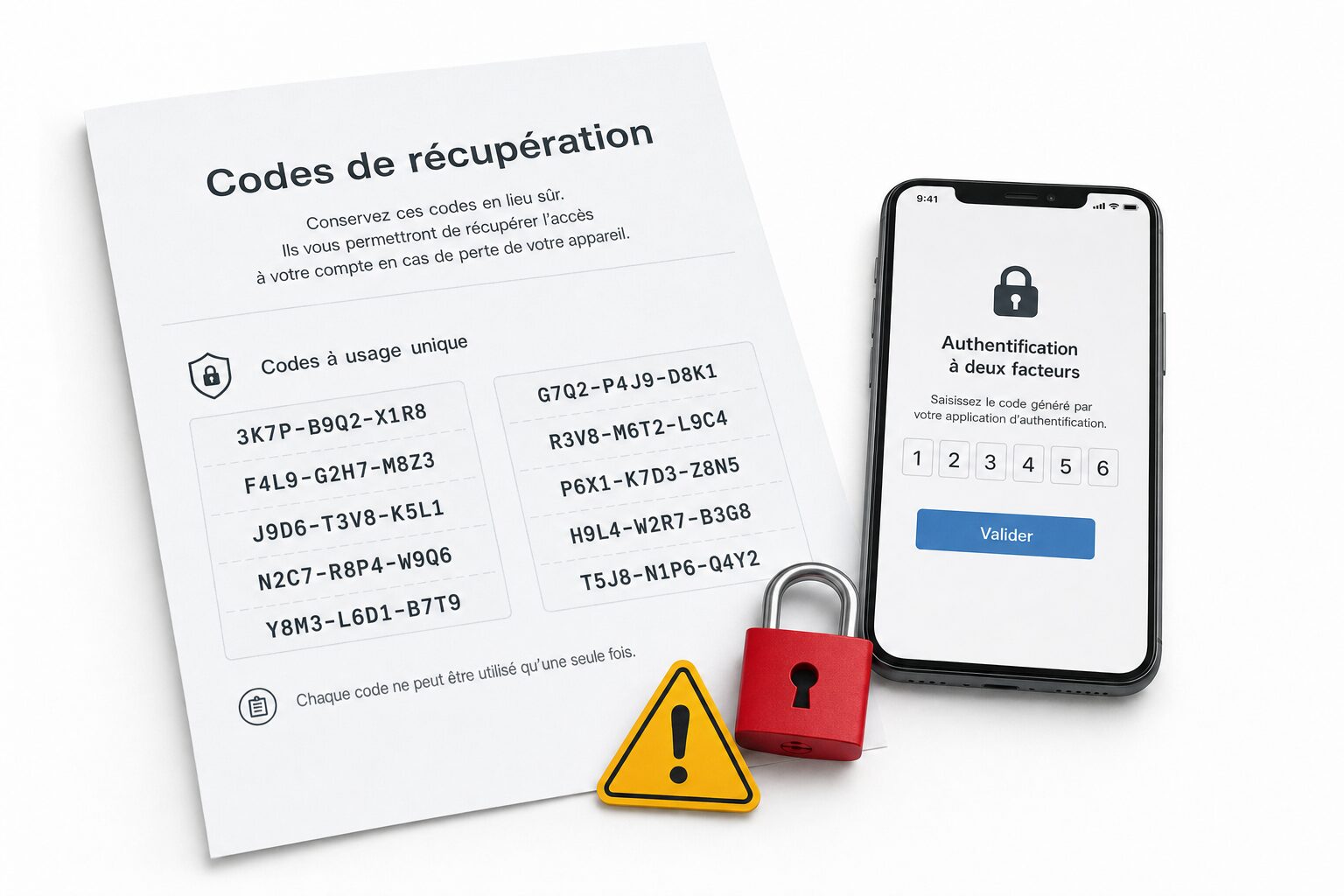 Feuille imprimĂ©e avec codes de secours de double authentification posĂ©e près d’un tĂ©lĂ©phone et d’un cadenas rouge
