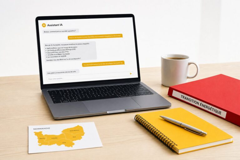 Assistant IA sur un écran d'ordinateur qui répond à la question d'un chef d'entreprise avec des bulles de dialogue, carnet jaune et dossier rouge sur un bureau clair, carte de la Normandie posée à plat, illustration de la communication avec les agents IA en 2026