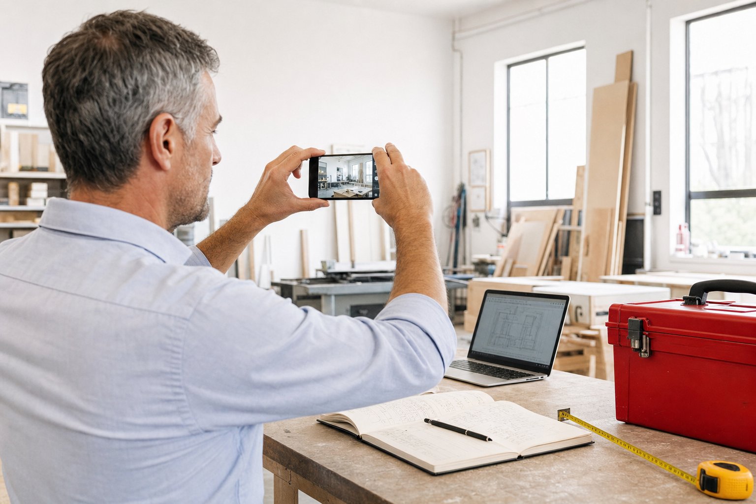Chef d'entreprise normand photographiant un chantier réel sur son smartphone dans un atelier clair, avec un carnet et un ordinateur portable, illustration du contenu d'expérience authentique en communication