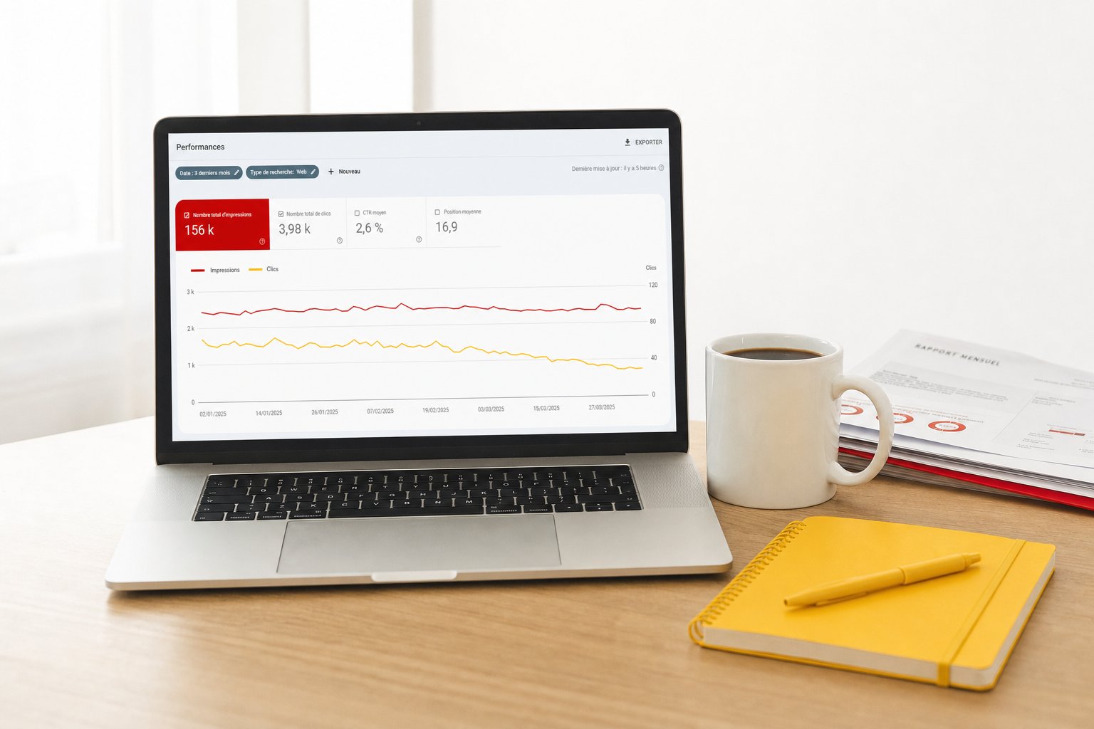 Tableau de bord montrant la baisse des clics organiques d'un site web pendant que les impressions restent stables, avec un graphique rouge et jaune, illustration du zero-click search pour les TPE et PME
