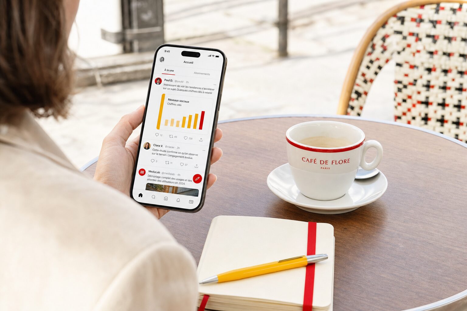 Personne lisant un fil de réseau social sur un smartphone à la terrasse d'un café, avec des cartes de visite et un carnet sur la table, illustration éditoriale claire aux accents rouges et jaunes montrant une audience quotidienne sur les réseaux sociaux