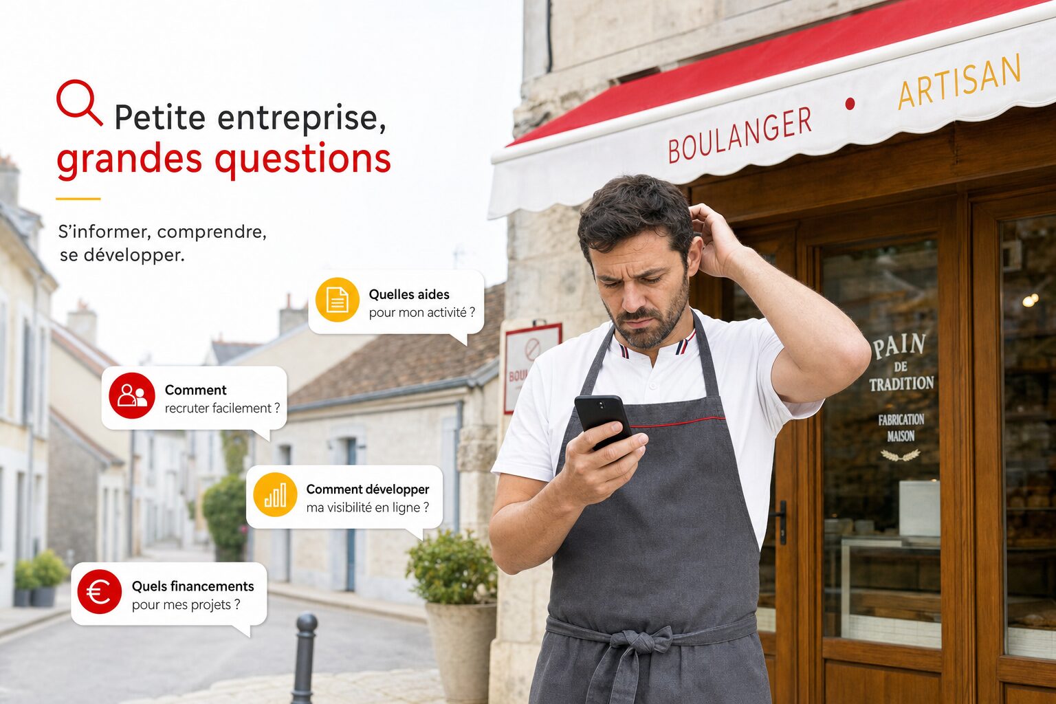 Artisan devant sa boutique qui consulte son smartphone : près de 7 microentreprises sur 10 nont pas de site web en France, selon lenquête TIC-TPE de lINSEE