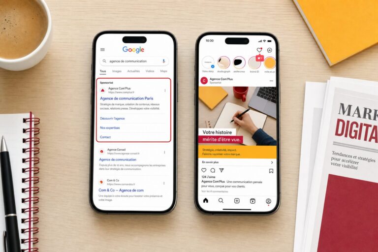 Smartphone posé sur un bureau clair affichant une page de résultats de recherche Google avec une annonce publicitaire encadrée, à côté d un autre smartphone montrant un fil de réseau social avec une publication sponsorisée, illustration éditoriale sobre aux accents rouge et jaune pour un article sur le choix entre Google Ads et les réseaux sociaux