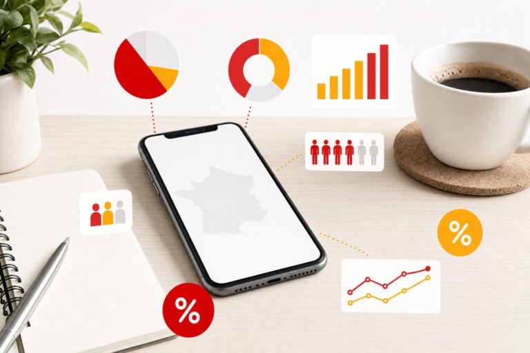 Smartphone posé sur un bureau en bois clair à côté d'un carnet, avec des bulles de statistiques rouges et jaunes illustrant l'équipement mobile des Français
