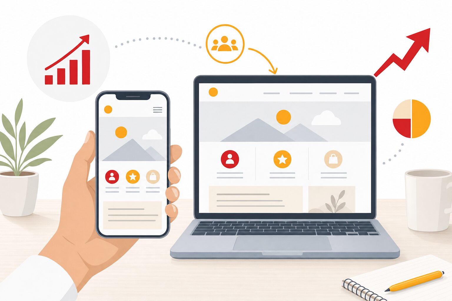Smartphone affichant un site web simple à côté d un ordinateur portable, illustration d un site pensé pour le mobile d abord