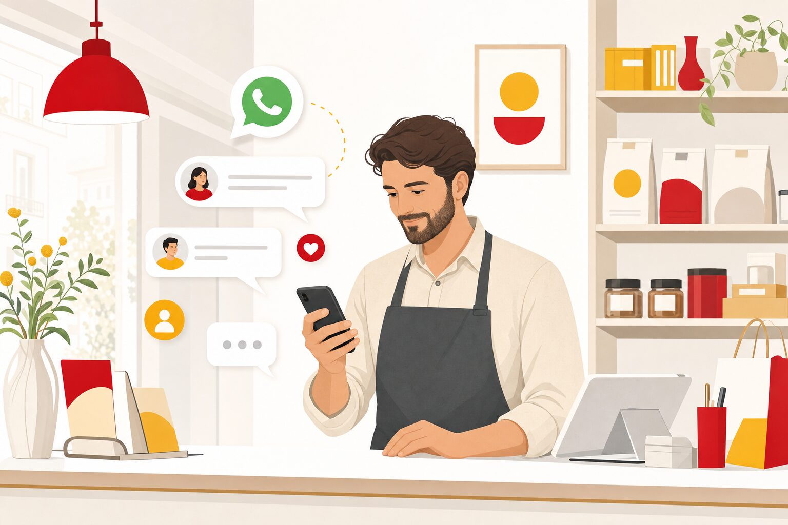 Commerçant consultant ses messageries instantanées sur smartphone derrière son comptoir, illustration des canaux de contact mobiles pour les TPE