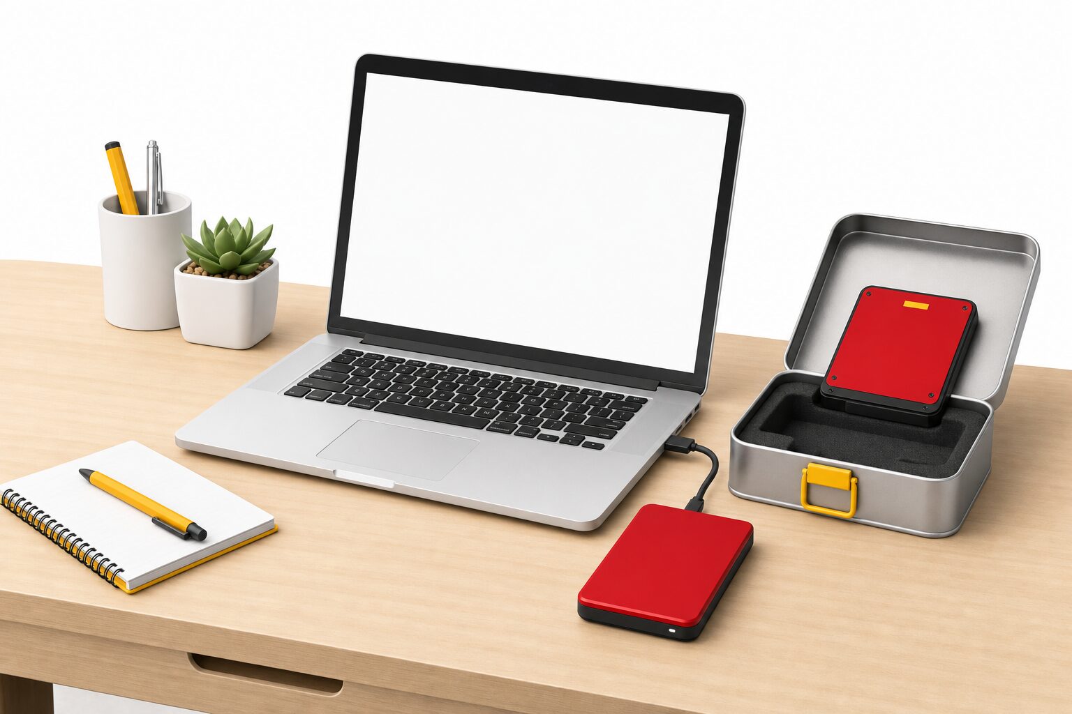 Ordinateur portable sur un bureau en bois avec deux disques durs externes de sauvegarde, illustration éditoriale en flat design aux accents rouge framboise et jaune pour un article sur la règle 3-2-1