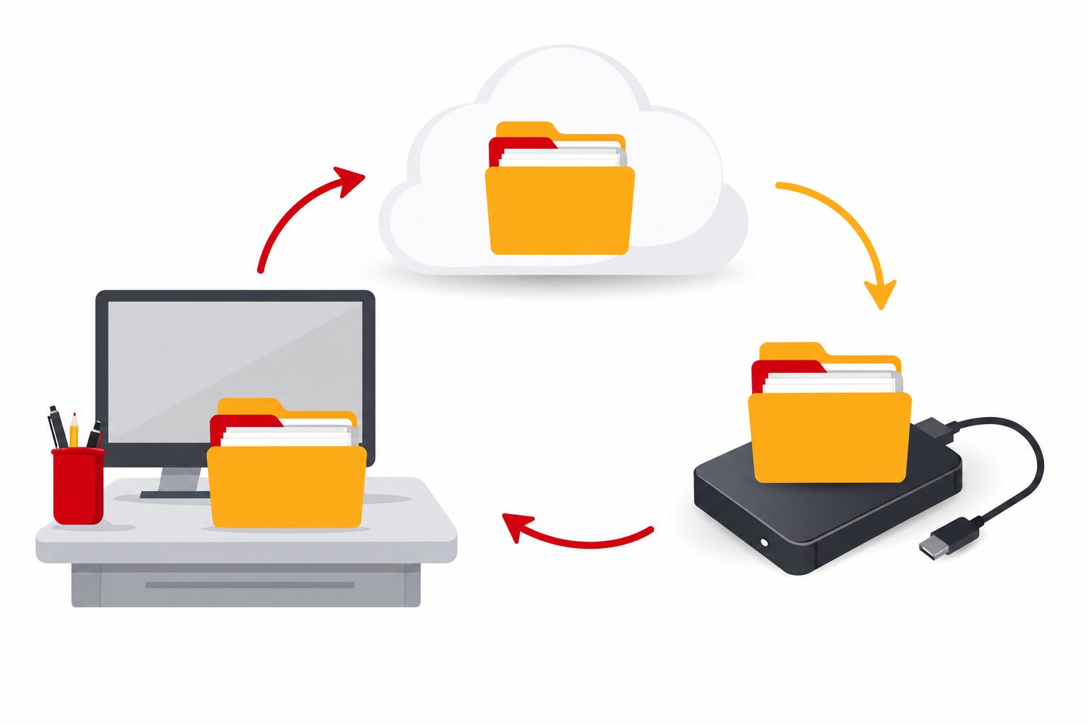 Schéma des trois copies de sauvegarde d'un dossier : poste de travail, disque dur externe et stockage en ligne reliés par des flèches, illustration flat design rouge et jaune