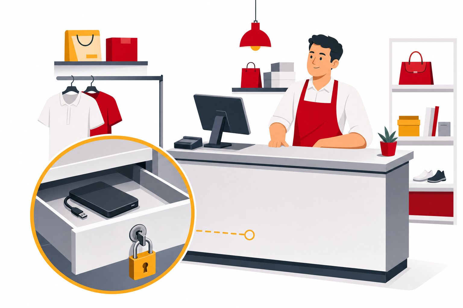 Disque dur externe de sauvegarde rangé hors ligne dans un tiroir fermé à côté d'une boutique, illustration éditoriale flat design aux accents rouge et jaune