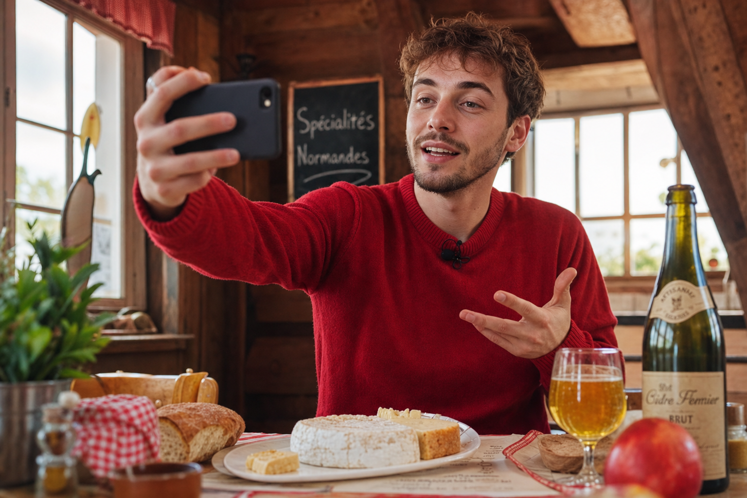 Créateur de contenu filmant dans un restaurant normand, table avec camembert, cidre et produits locaux, style éditorial aux accents rouge et jaune