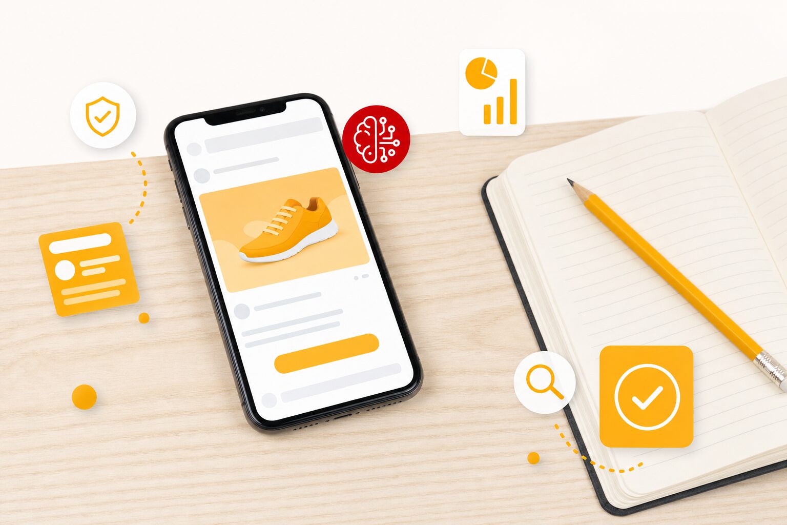 Smartphone affichant une publicité mobile avec une étiquette IA rouge, carnet et crayon à côté, illustration sur les labels de transparence des publicités créées avec l'intelligence artificielle