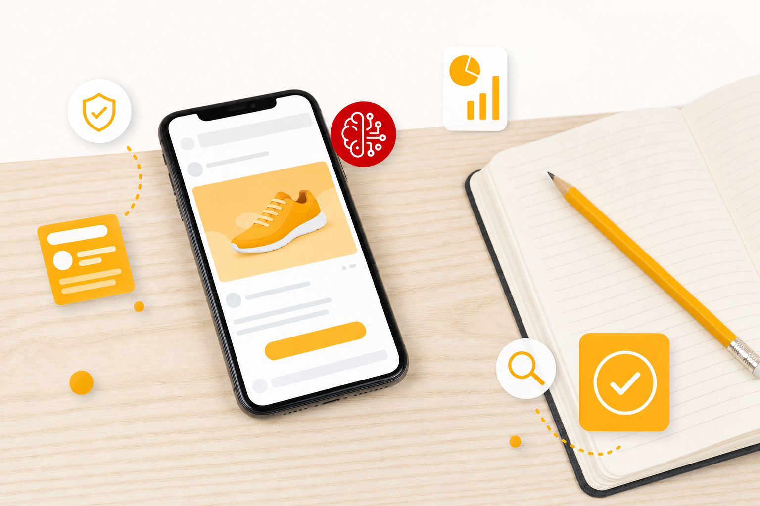 Smartphone affichant une publicité mobile avec une étiquette IA rouge, carnet et crayon à côté, illustration sur les labels de transparence des publicités créées avec l'intelligence artificielle