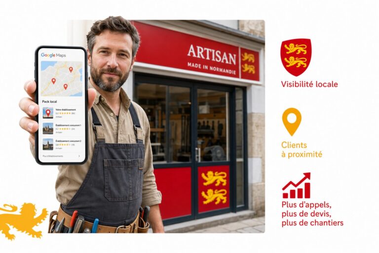 Artisan normand consultant son telephone avec Google Maps affichant les fiches d établissement locales dans le pack local Google, illustration éditoriale style drapeau normand fond blanc.