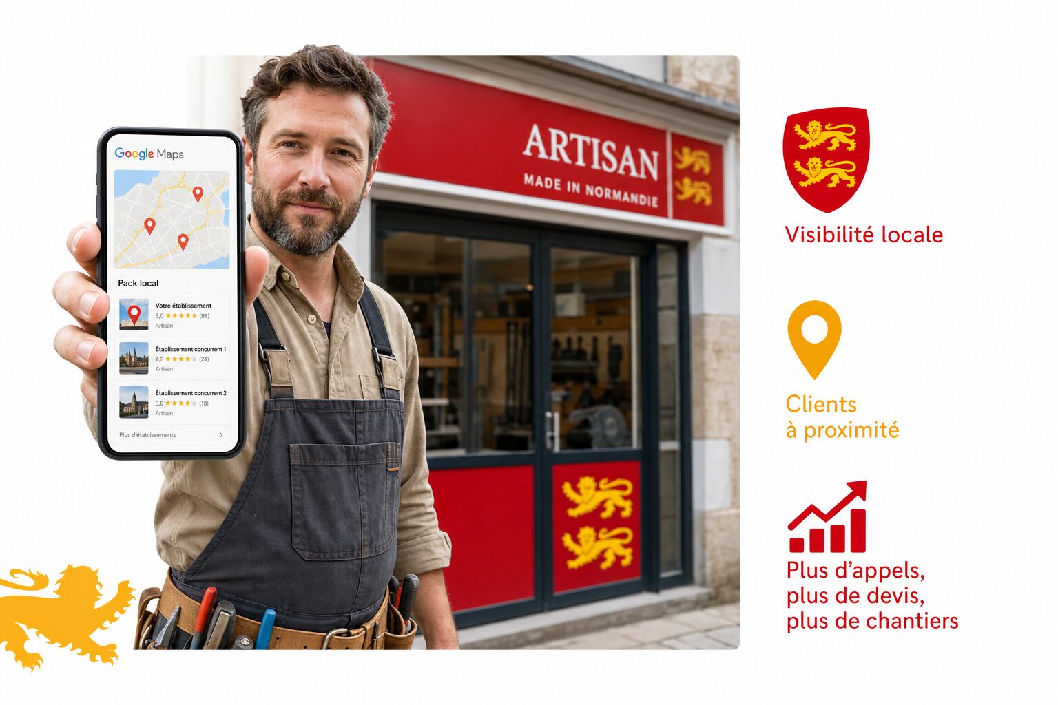 Artisan normand consultant son telephone avec Google Maps affichant les fiches d établissement locales dans le pack local Google, illustration éditoriale style drapeau normand fond blanc.