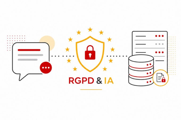 Illustration protection des données et IA : bouclier RGPD entre une conversation et des bases de données, style éditorial normand