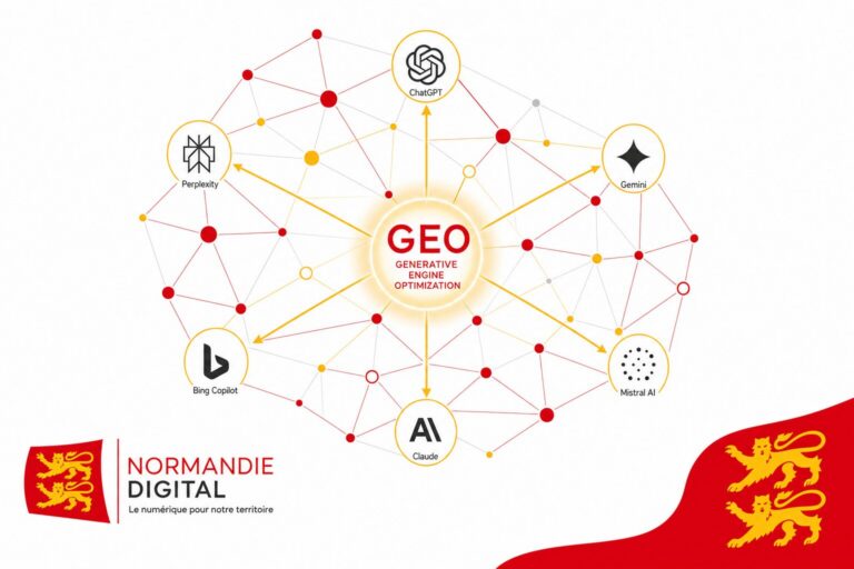 Réseau de nœuds connectés symbolisant le Generative Engine Optimization, optimisation pour moteurs de recherche IA