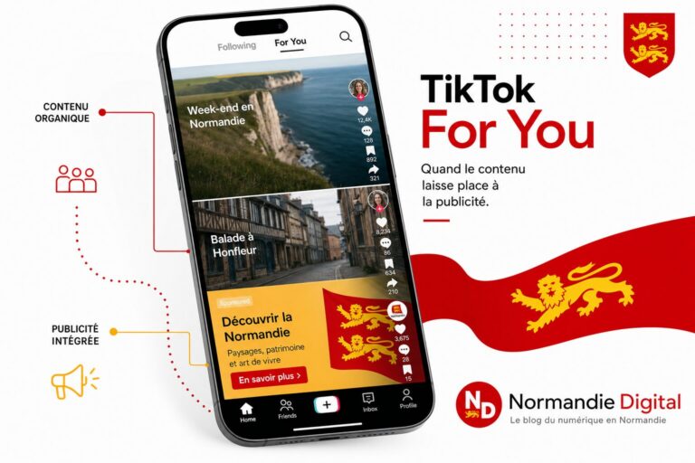 Smartphone affichant le flux TikTok For You avec des contenus organiques et publicitaires, tendances pub 2026