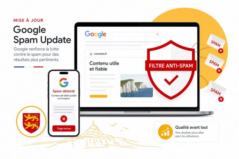 Illustration éditoriale représentant la protection d'un site web contre le spam Google, style journalisme tech français, accents rouge et jaune