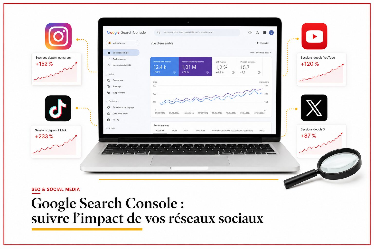 Google Search Console permet desormais de suivre les performances des posts Instagram, TikTok, X et YouTube dans les resultats de recherche Google, Discover et Google News.