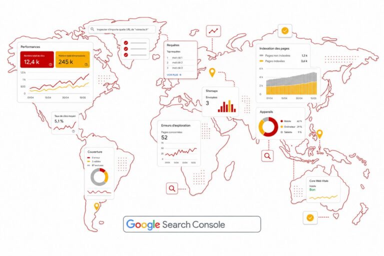 Illustration editoriale : carte du monde composee d elements Search Console en rouge et jaune normand