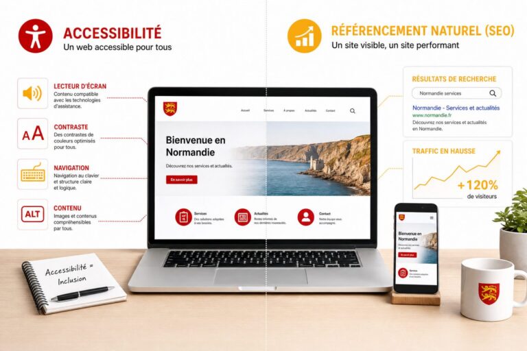 Illustration éditoriale montrant la convergence entre accessibilité web et SEO : un site web analysé par des outils d'accessibilité d'un côté et générant du trafic SEO de l'autre. Style Normandie Digital, fond blanc, accents rouge et jaune.