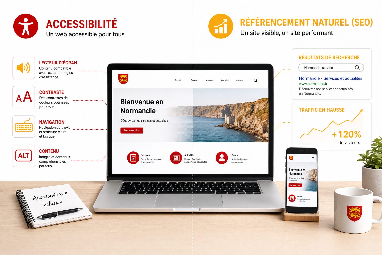 Illustration éditoriale montrant la convergence entre accessibilité web et SEO : un site web analysé par des outils d'accessibilité d'un côté et générant du trafic SEO de l'autre. Style Normandie Digital, fond blanc, accents rouge et jaune.