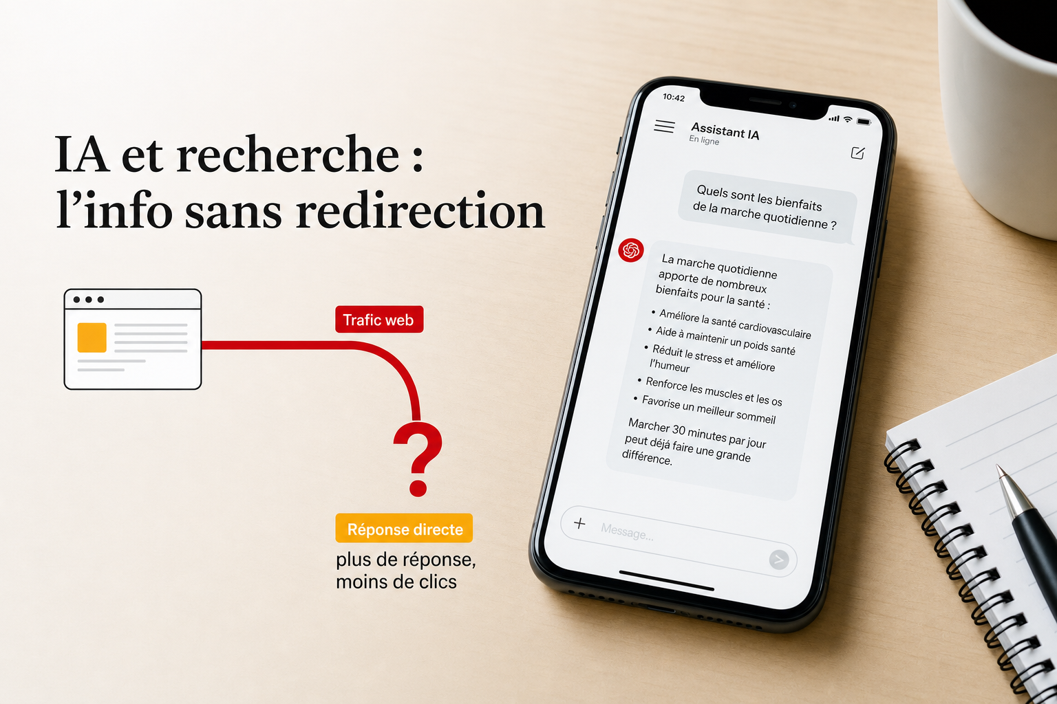 Smartphone affichant une conversation avec un assistant IA sur un bureau en bois clair, avec une flèche de trafic web qui se termine en point d'interrogation au lieu d'atteindre un site, illustrant la réponse de l'IA générative sans redirection vers les sites web.