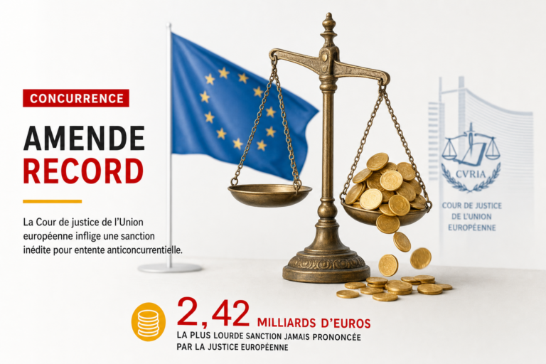 Balance de la justice européenne avec le drapeau de l'Union européenne et des pièces de monnaie dorées tombant d'un côté, illustrant l'amende record de 890 millions d'euros infligée à Google par la Commission européenne pour non-respect du Digital Markets Act.