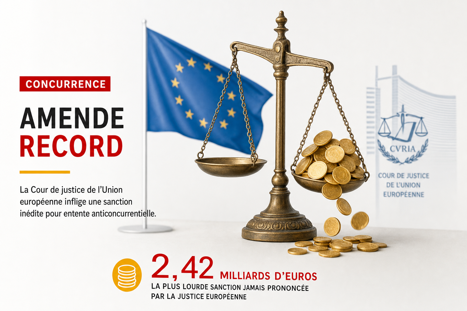 Balance de la justice européenne avec le drapeau de l'Union européenne et des pièces de monnaie dorées tombant d'un côté, illustrant l'amende record de 890 millions d'euros infligée à Google par la Commission européenne pour non-respect du Digital Markets Act.