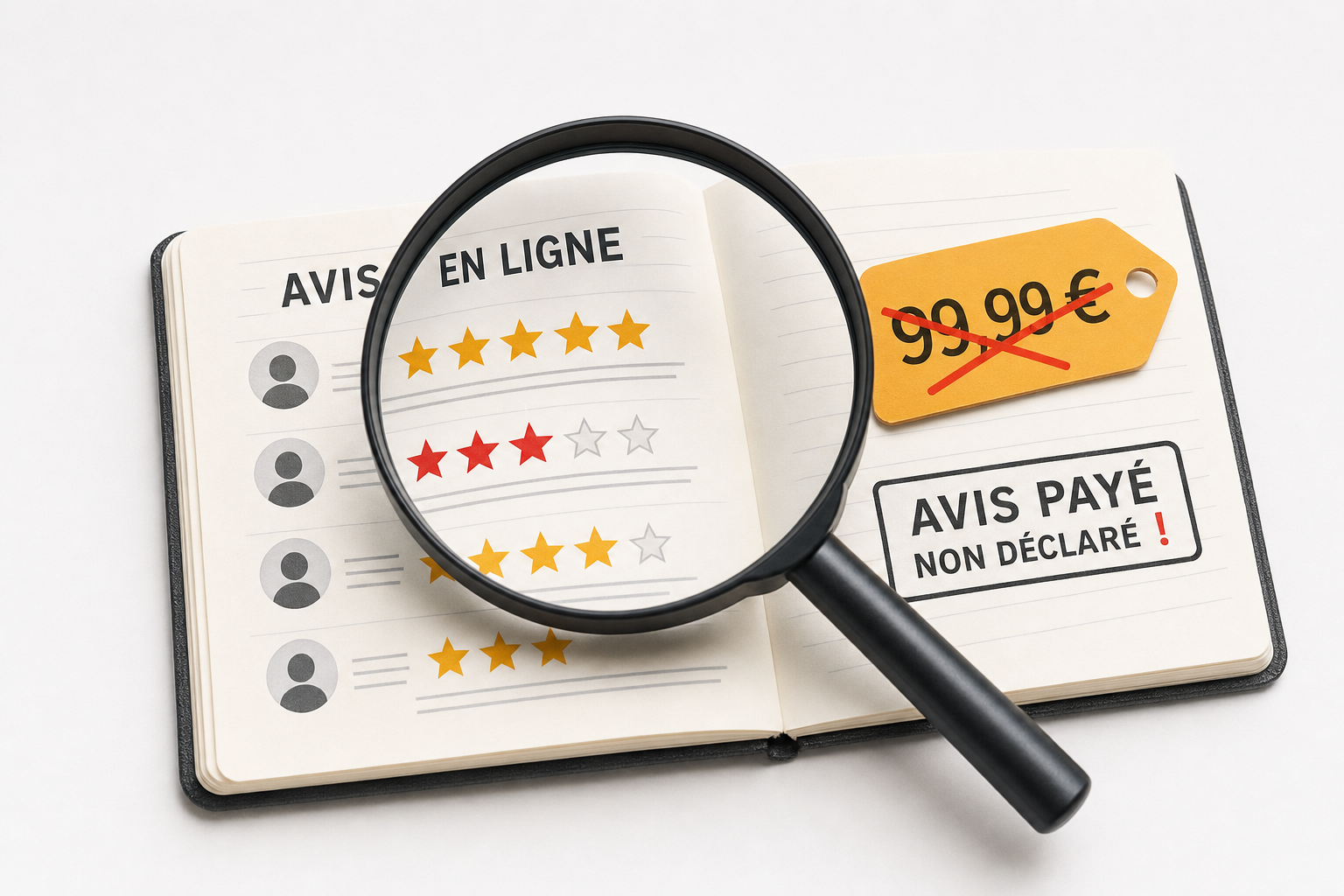 Loupe posée sur un carnet ouvert avec des étoiles d'avis et une étiquette de prix barrée, illustrant la vérification des avis en ligne et la nouvelle règle de Google interdisant les avis faux ou payés non déclarés dans les extraits.