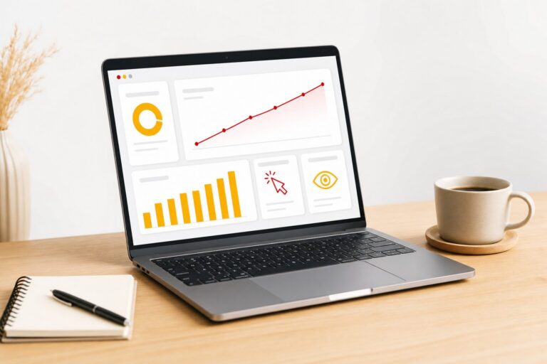 Ordinateur portable affichant un tableau de bord d'analyse de recherche avec un graphique d'impressions en hausse en rouge et jaune, posé sur un bureau en bois clair avec un carnet et une tasse de café, illustration éditoriale du blog Normandie Digital