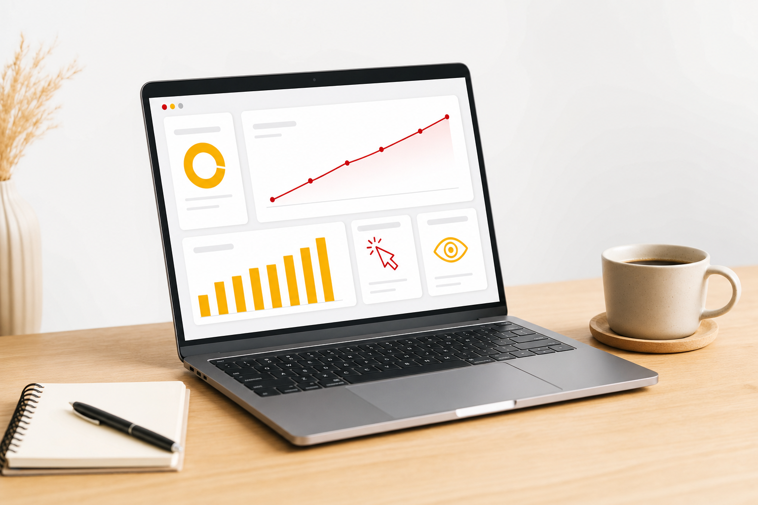 Ordinateur portable affichant un tableau de bord d'analyse de recherche avec un graphique d'impressions en hausse en rouge et jaune, posé sur un bureau en bois clair avec un carnet et une tasse de café, illustration éditoriale du blog Normandie Digital
