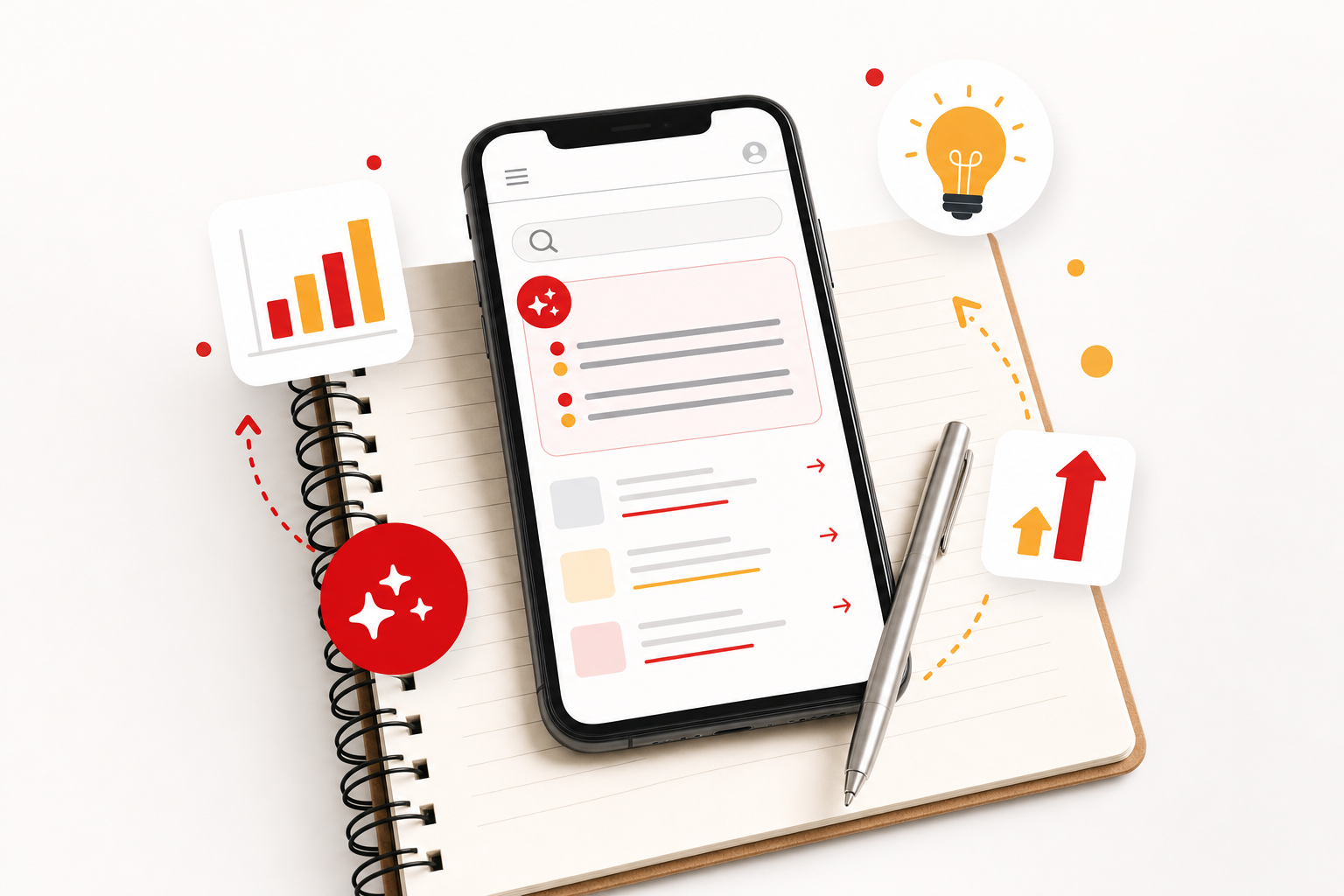 Smartphone affichant une réponse générée par IA avec un encadré rouge et jaune et des liens de sources, posé sur un carnet ouvert, entouré d'icônes de graphique et d'ampoule, illustration éditoriale claire sur les AI Overviews