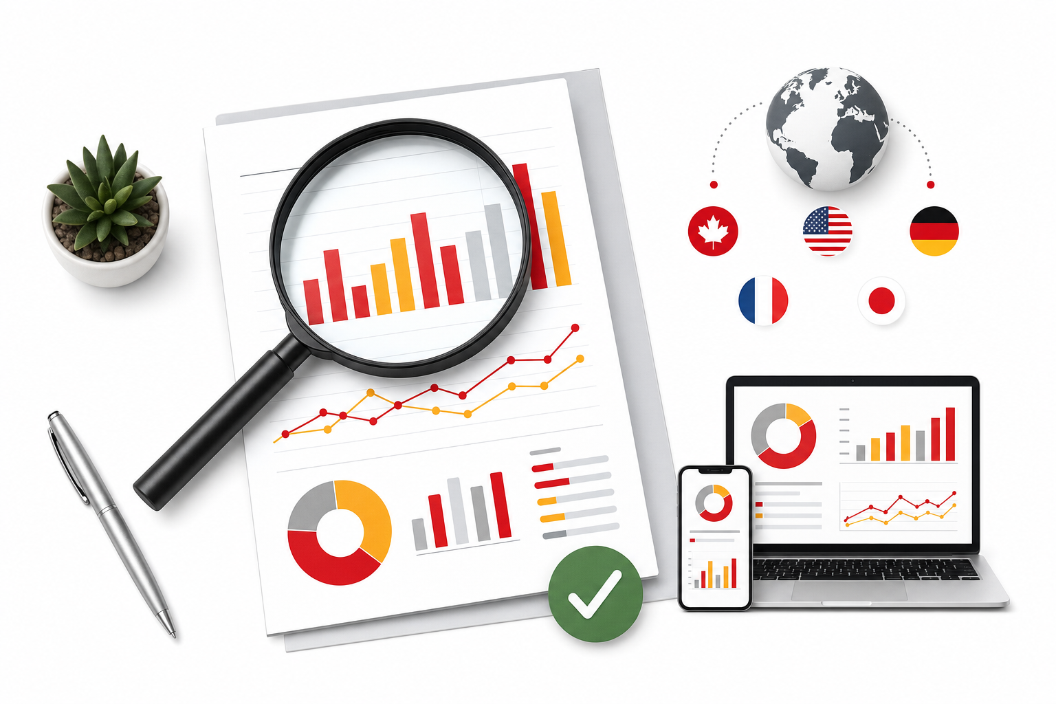 Loupe posée sur un rapport de statistiques avec des graphiques en barres rouges et jaunes, un badge de validation vert et des icônes de pays et d'appareils, illustration éditoriale sur la mesure de visibilité dans la recherche Google