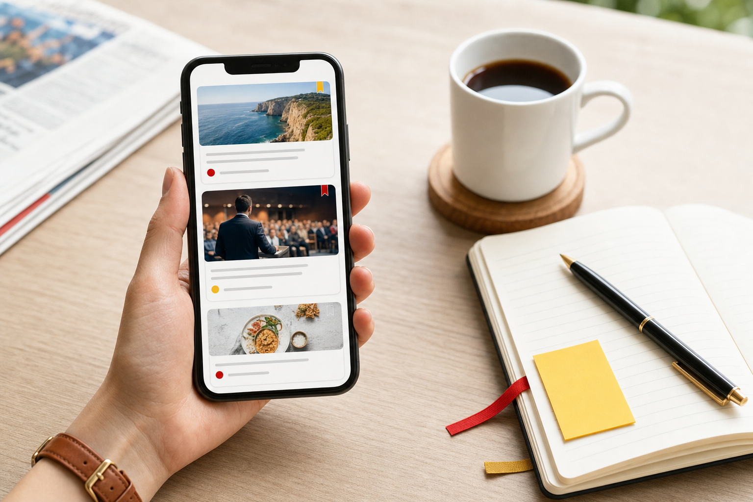 Smartphone affichant un flux Google Discover personnalisé avec de grandes cartes d'articles, posé sur un bureau en bois clair à côté d'une tasse de café et d'un carnet ouvert, style éditorial aux accents rouge et jaune