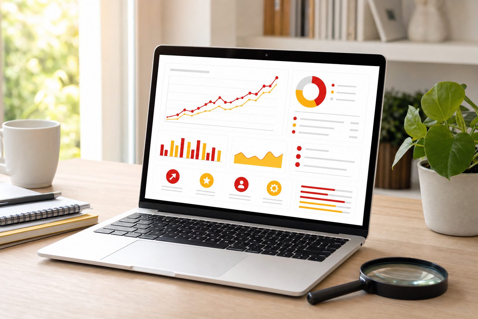 Ordinateur portable affichant un tableau de bord d'analyse de trafic web avec des courbes de clics ascendantes, une loupe posée sur le bureau en bois clair, style éditorial sobre aux accents rouge et jaune