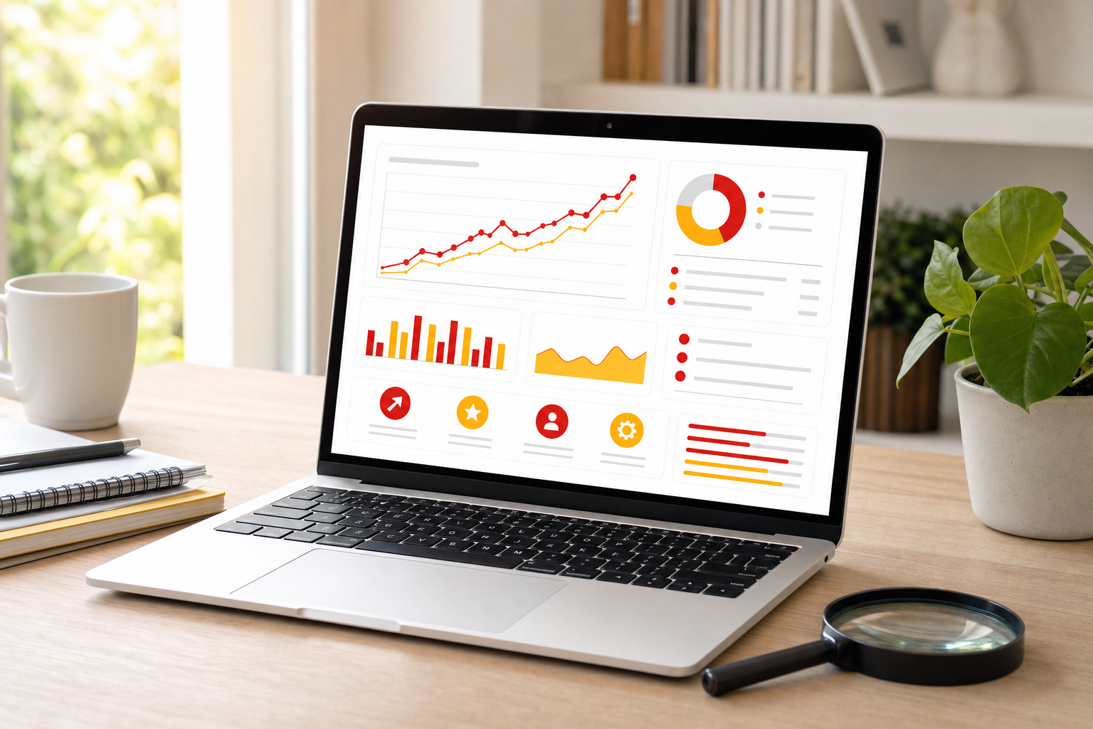 Ordinateur portable affichant un tableau de bord d'analyse de trafic web avec des courbes de clics ascendantes, une loupe posée sur le bureau en bois clair, style éditorial sobre aux accents rouge et jaune