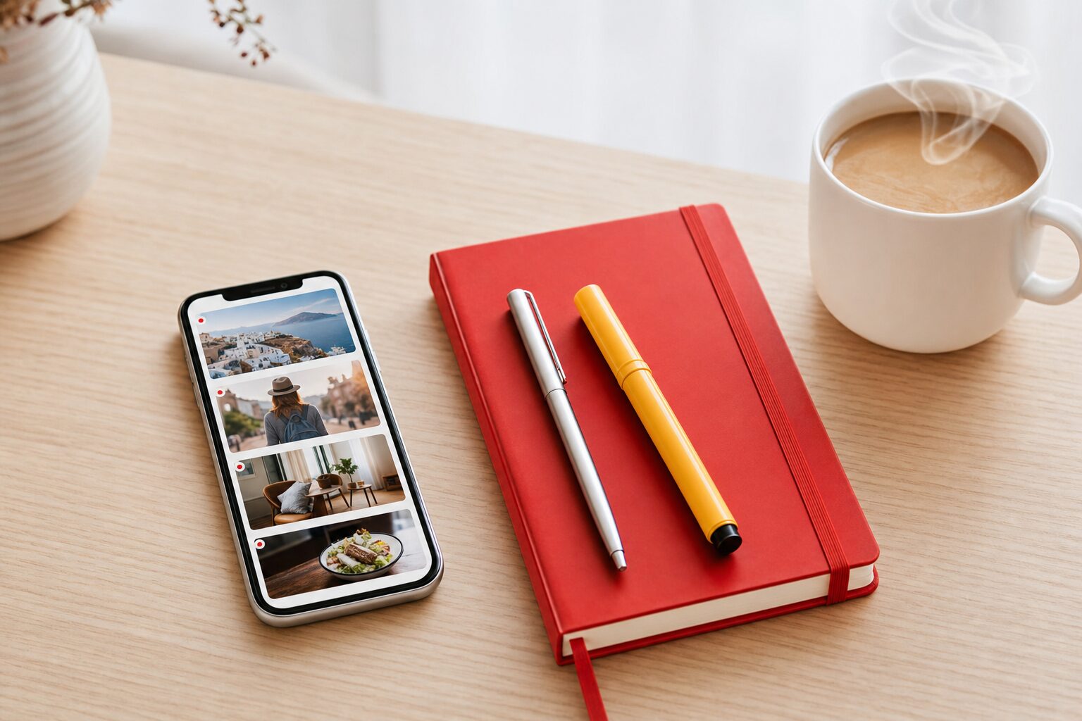 Smartphone posé sur un bureau en bois clair affichant un flux d'articles avec grandes images carrées, à côté d'un carnet rouge vif et d'un marqueur jaune doré et d'une tasse de café blanche, style éditorial chaleureux