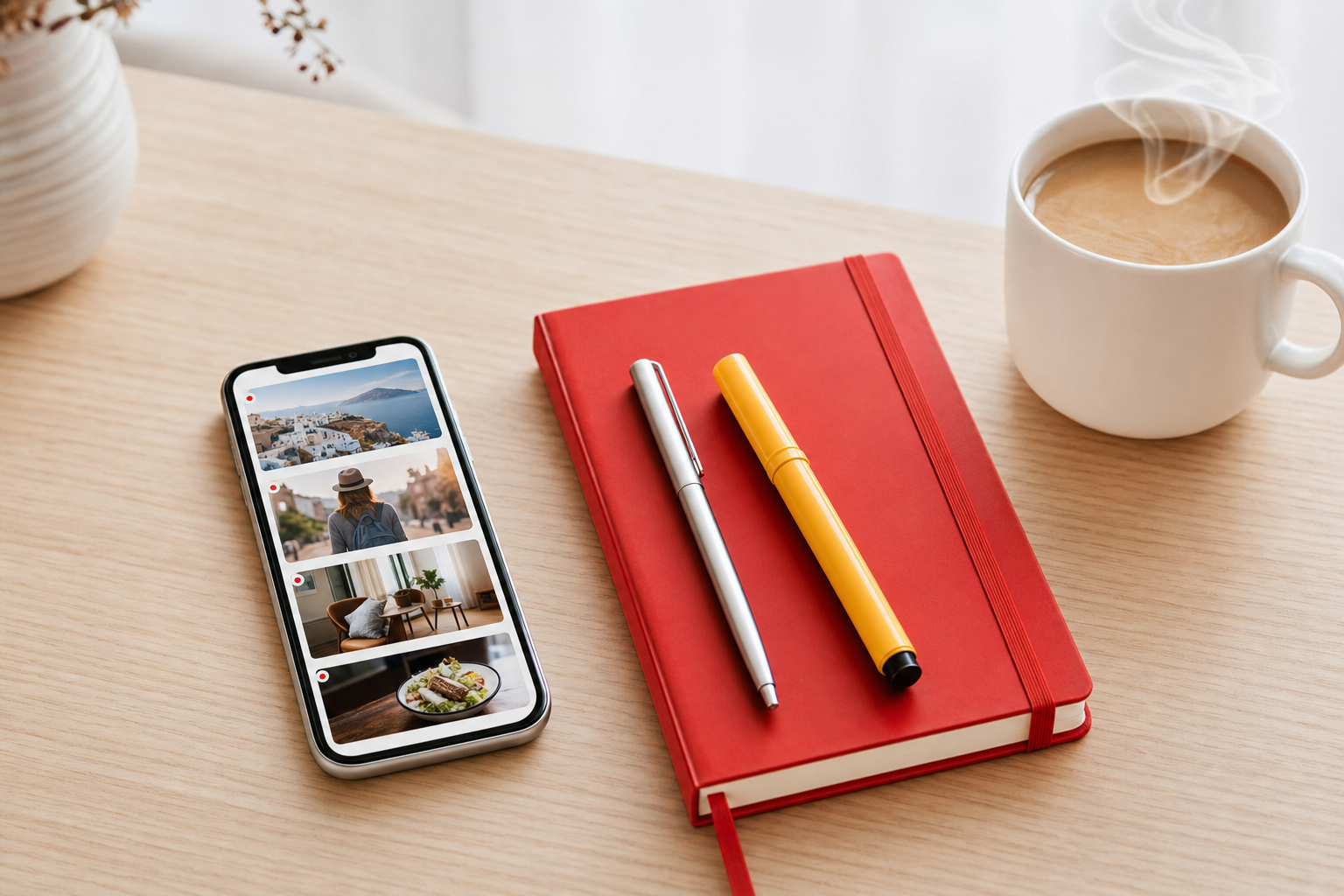 Smartphone posé sur un bureau en bois clair affichant un flux d'articles avec grandes images carrées, à côté d'un carnet rouge vif et d'un marqueur jaune doré et d'une tasse de café blanche, style éditorial chaleureux