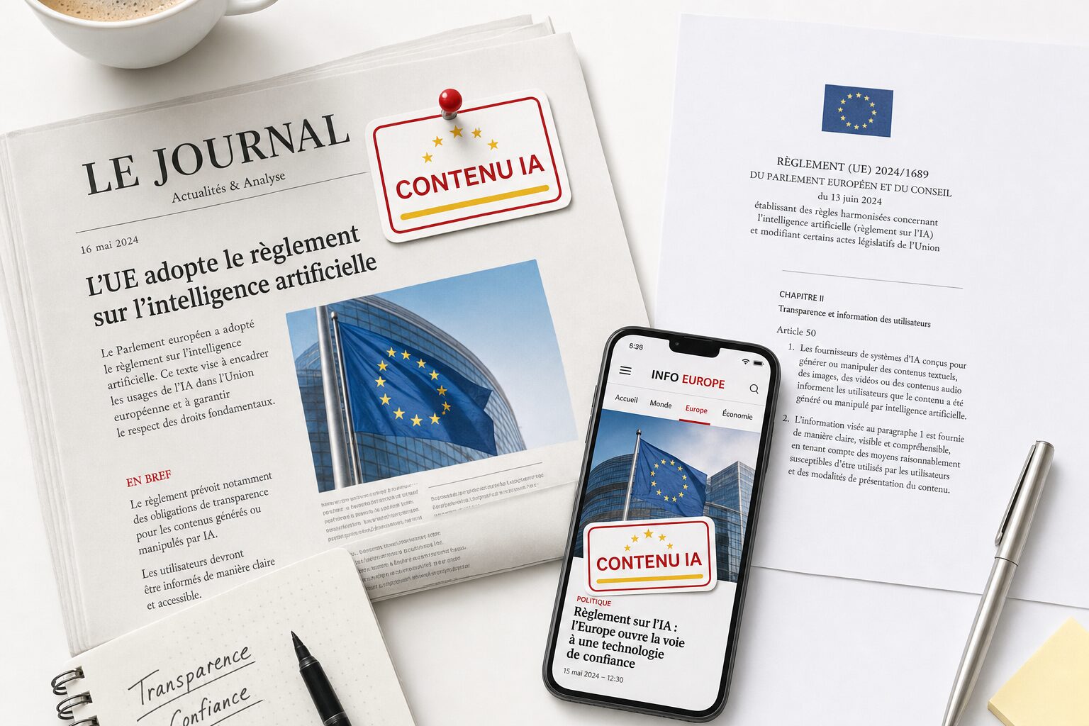 Étiquette rouge CONTENU IA posée sur des documents imprimés et un smartphone, illustration éditoriale de la nouvelle obligation européenne d étiquetage des contenus générés par intelligence artificielle prévue par le règlement IA depuis le 2 août 2026