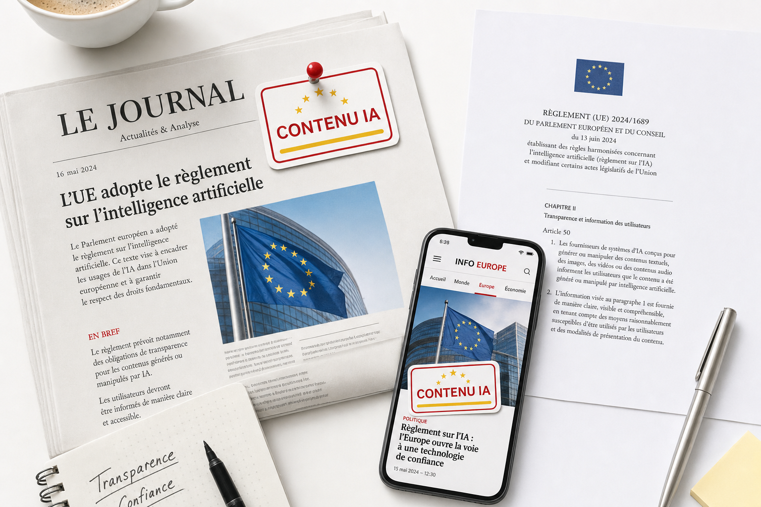 Étiquette rouge CONTENU IA posée sur des documents imprimés et un smartphone, illustration éditoriale de la nouvelle obligation européenne d étiquetage des contenus générés par intelligence artificielle prévue par le règlement IA depuis le 2 août 2026