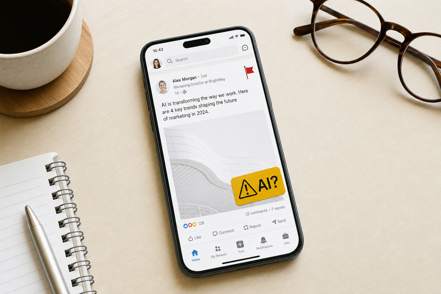 Smartphone posé sur un bureau en bois affichant un fil d actualité professionnelle avec un drapeau rouge et un avertissement jaune AI, illustration de la lutte de LinkedIn contre les contenus générés par intelligence artificielle avec son bouton de signalement Seems like AI slop